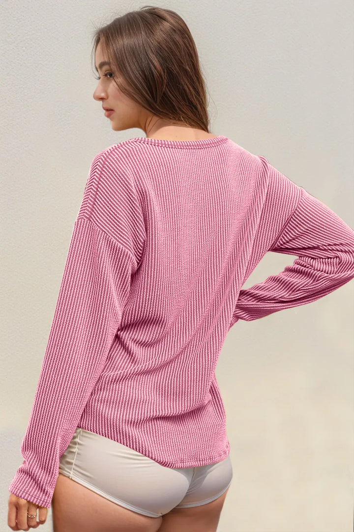 Double Take Striped Notched Long Sleeve T-Shirt | T-Shirts Daverri Fashions