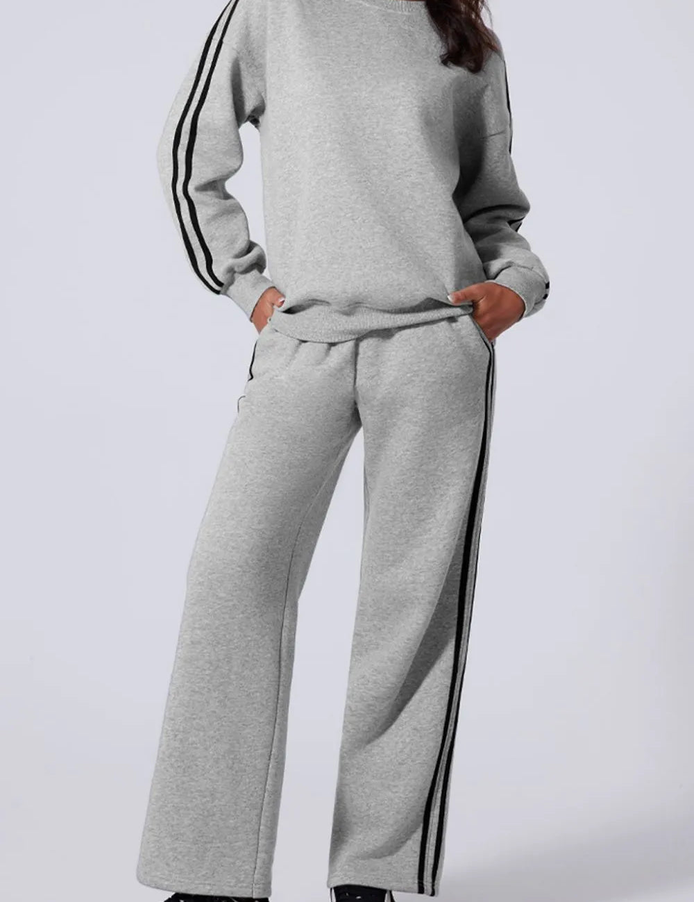 Light Gray Side Striped Round Neck Top and Pants Active Set | Loungewear Sets Daverri Fashions