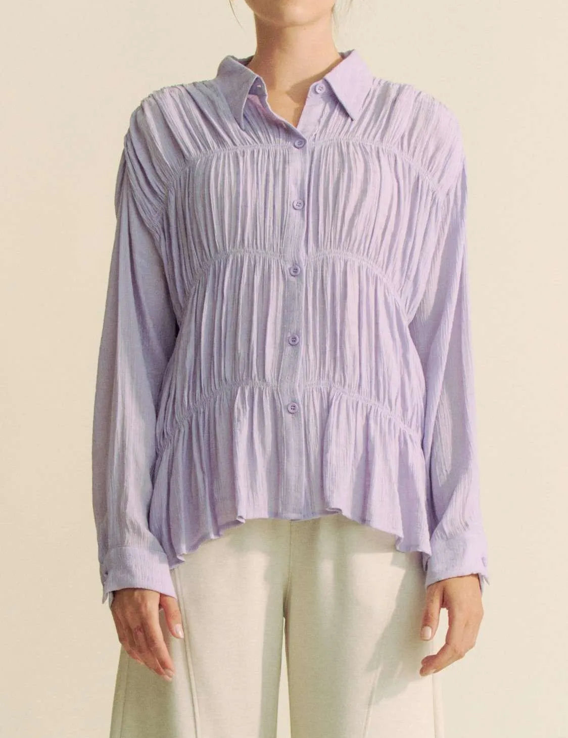 Davi & Dani Ruched All Over Button Front Shirt | Shirts Daverri Fashions