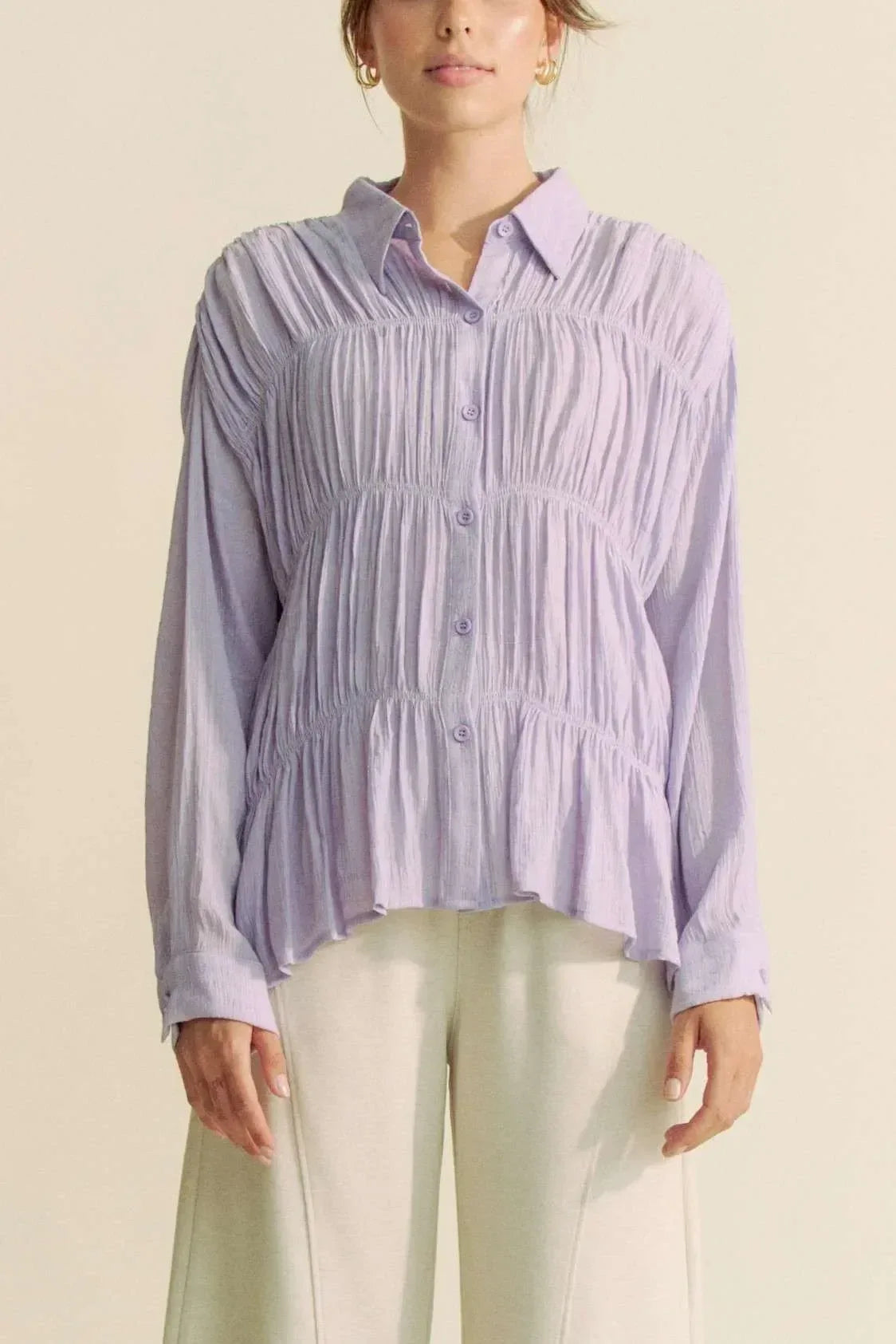Davi & Dani Ruched All Over Button Front Shirt - DAVERRI FASHIONS