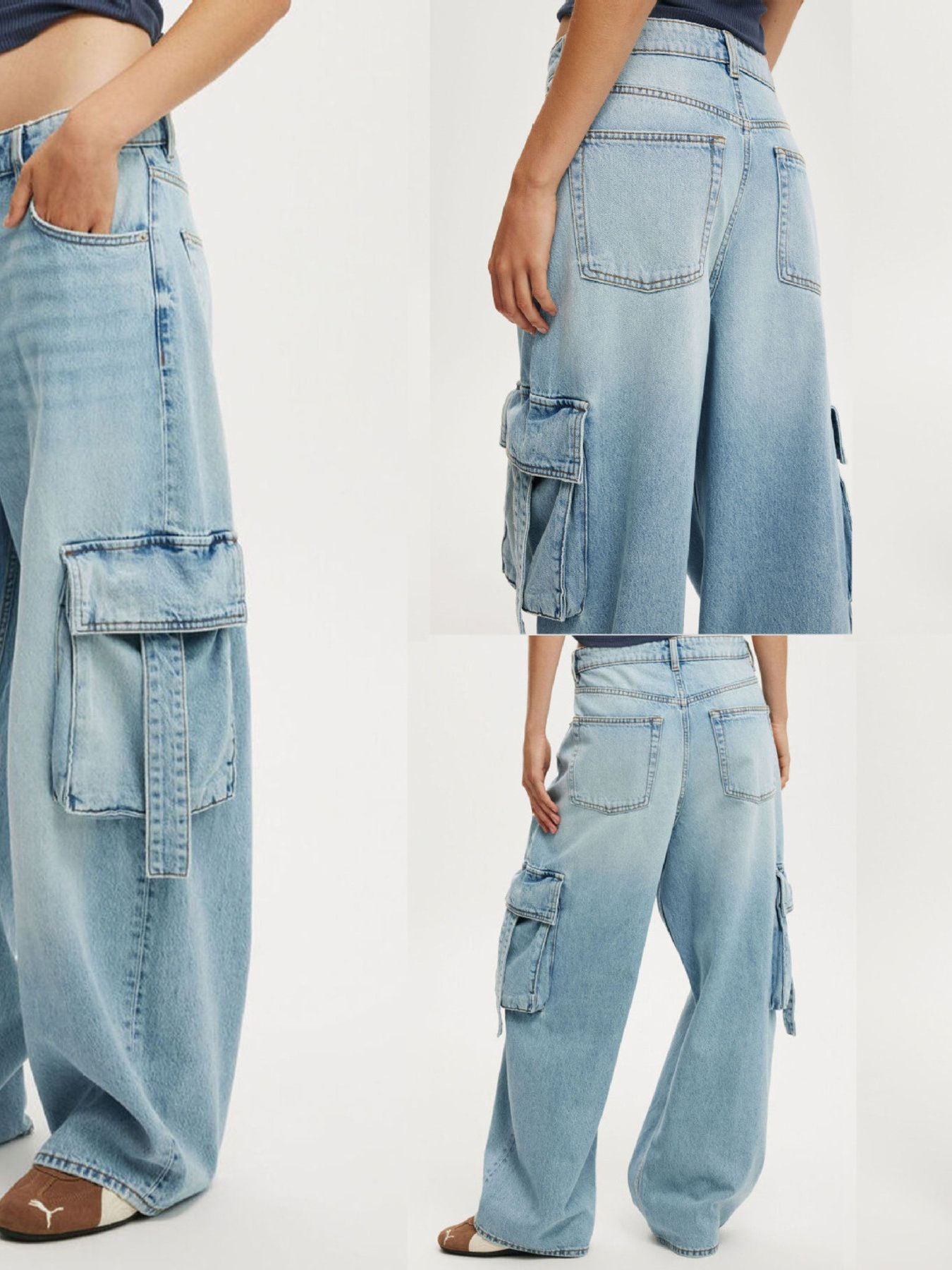 Vintage wash wide leg cargo jeans in light-wash denim with pockets