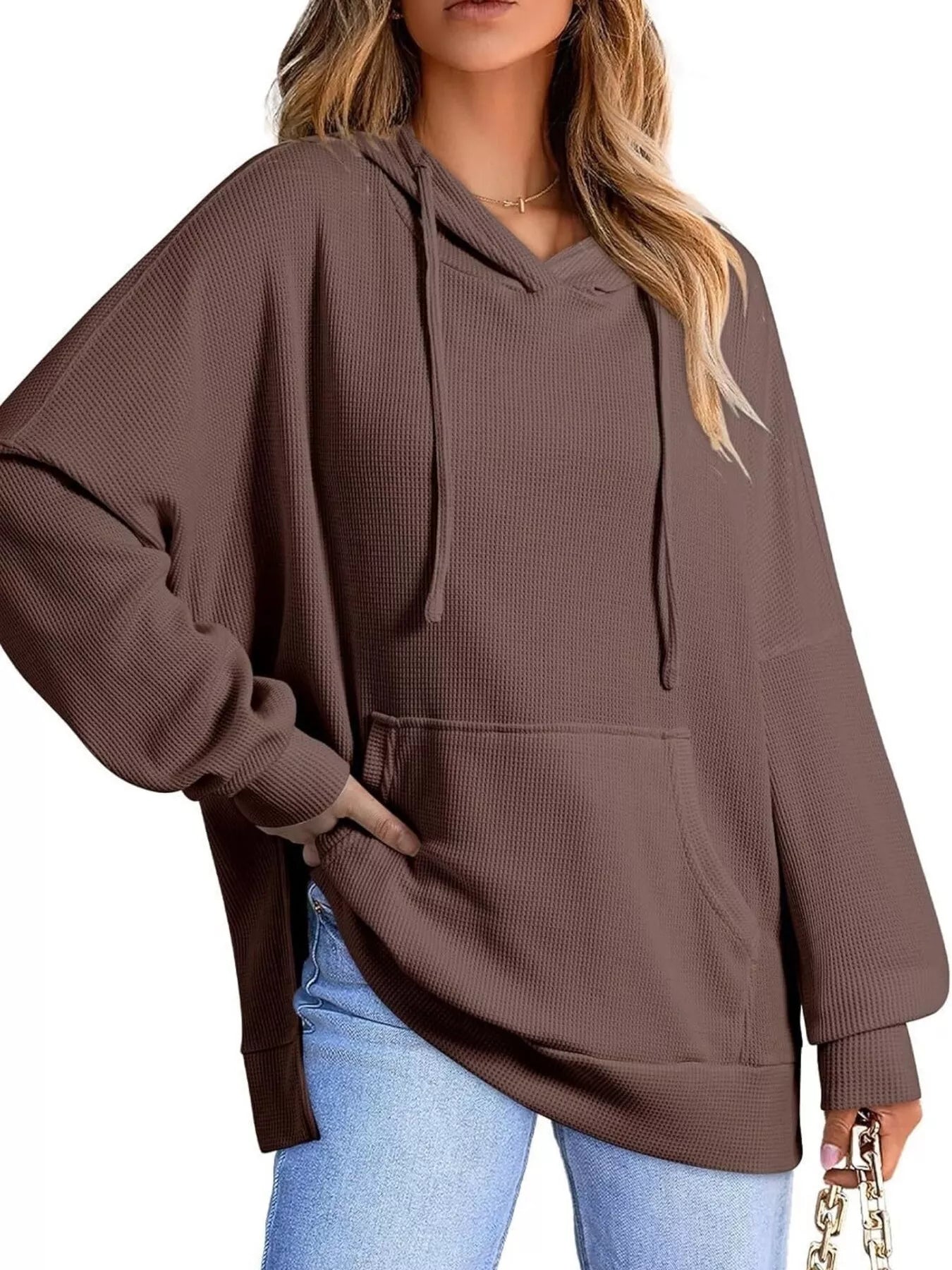 Brown waffle-knit oversized hoodie with drawstring side slit and front pocket by Daverri Fashions