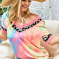 BiBi Rainbow Tie-Dye Leopard Trim V-Neck T-Shirt - DAVERRI FASHIONS