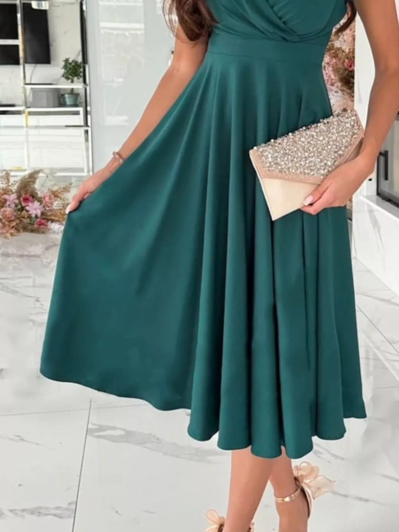 Emerald green Surplice Short Sleeve Midi Dress with draped bodice