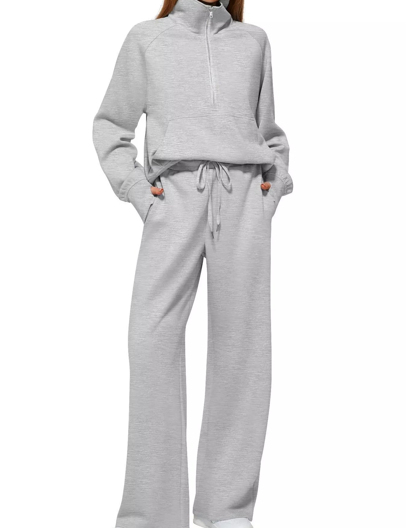 Light Gray Full Size Half-Zip Sweatshirt and Wide-Leg Pants Set Plus Size | Outfit Sets Daverri Fashions