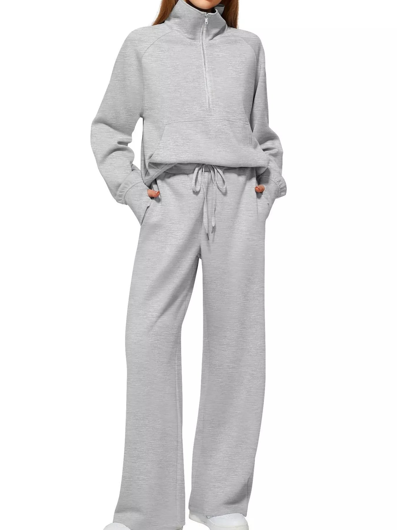 Light Gray Full Size Half-Zip Sweatshirt and Wide-Leg Pants Set Plus Size | Outfit Sets Daverri Fashions