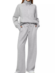Light Gray Full Size Half-Zip Sweatshirt and Wide-Leg Pants Set Plus Size | Outfit Sets Daverri Fashions