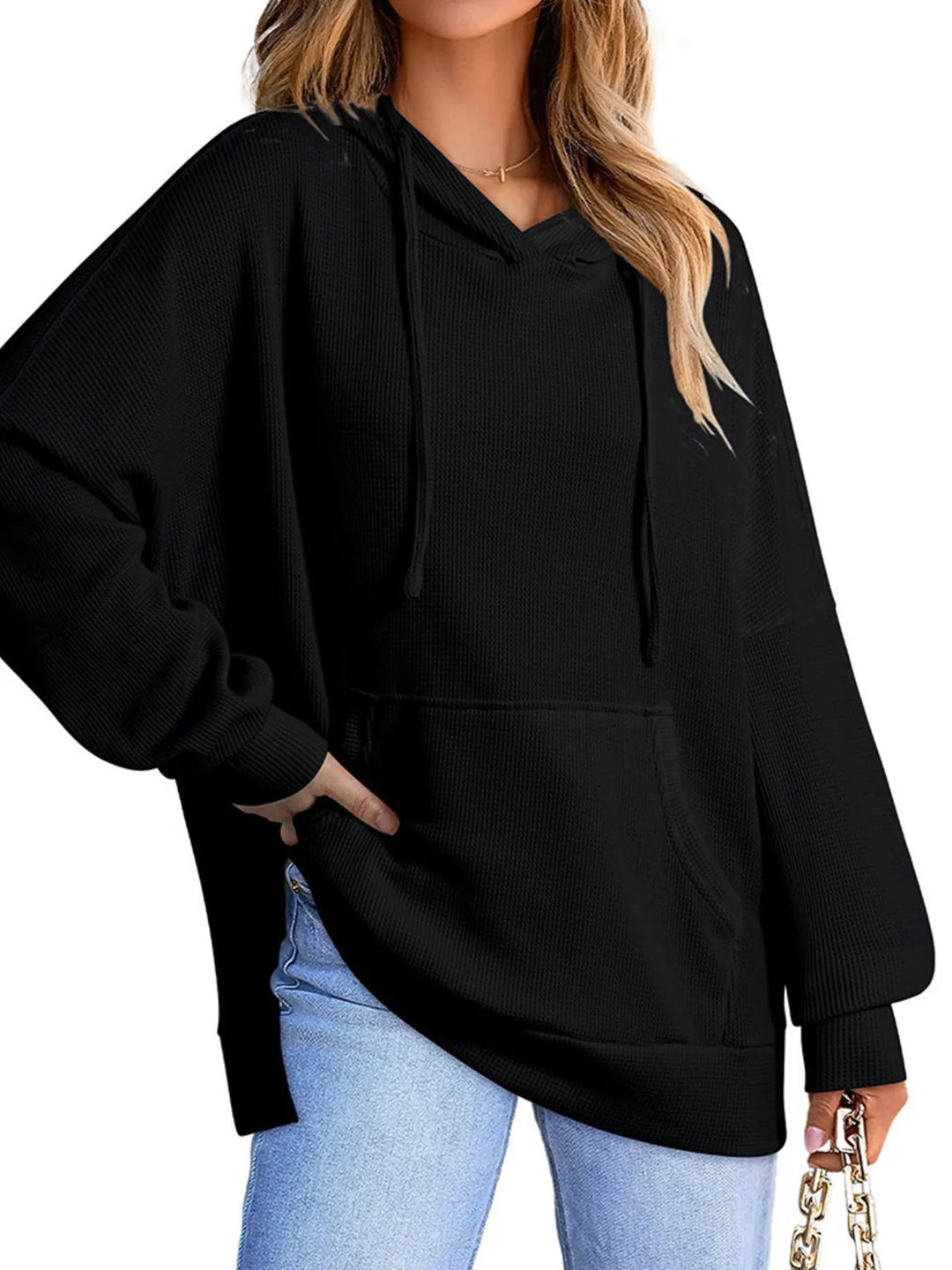 Black Slit Drawstring Waffle Knit Hoodie | Hoodies Daverri Fashions