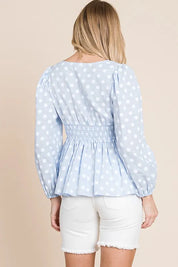 Lime 'N' Chili Polka Dot Print Balloon Sleeve Babydoll Peplum Top | Tops Daverri Fashions