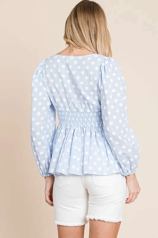 Lime 'N' Chili Polka Dot Print Balloon Sleeve Babydoll Peplum Top | Tops Daverri Fashions