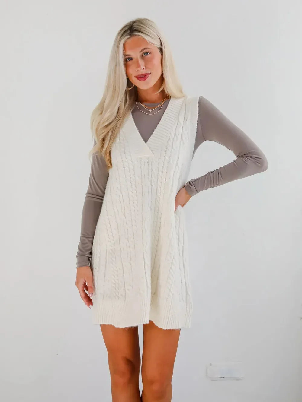 Lovelet Cable Knit V-Neck Mini Sweater Overall Dress - DAVERRI FASHIONS