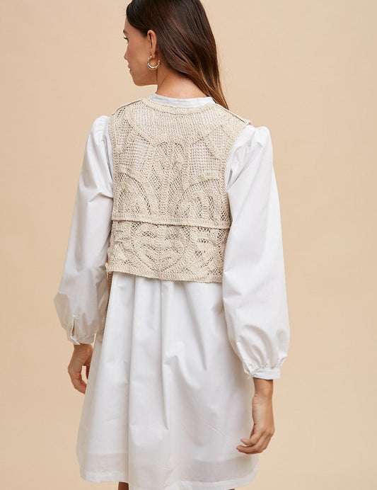 Annie Wear Crochet Vest Notched Long Sleeve Shirt Dress Tops