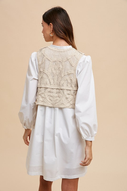 Annie Wear Crochet Vest Notched Long Sleeve Shirt Dress Tops