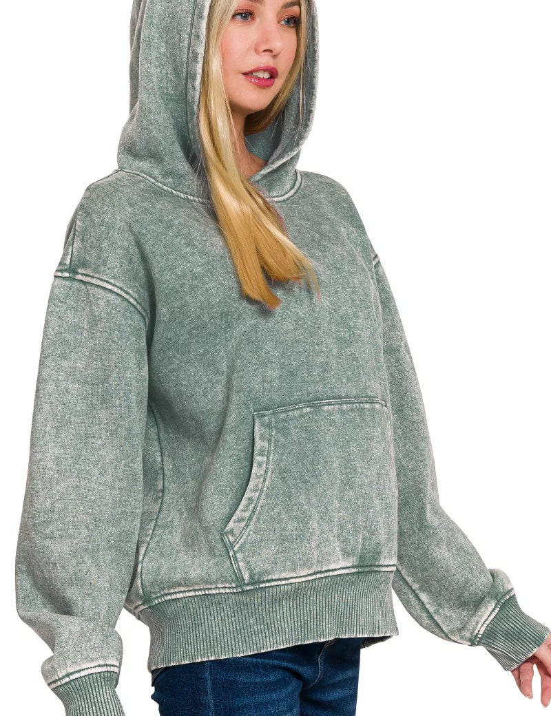 Zenana Fleece Acid Wash Kangaroo Pocket Hoodie | Daverri Fashions