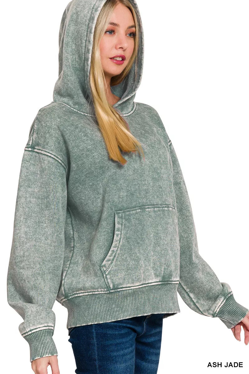 Zenana Fleece Acid Wash Kangaroo Pocket Hoodie | Daverri Fashions