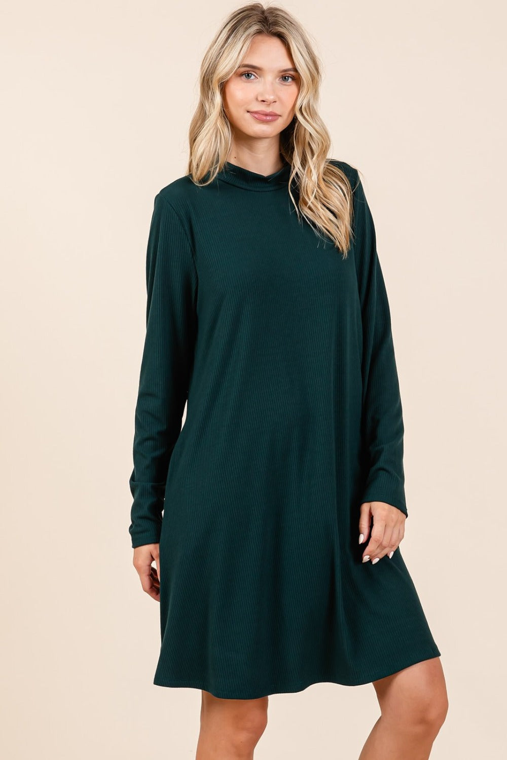 Mittoshop Mock Neck Long Sleeve Dress with Pockets Mini Dresses