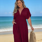 Daverri Fashions plus size deep v-neck maroon maxi dress with pleats and slit