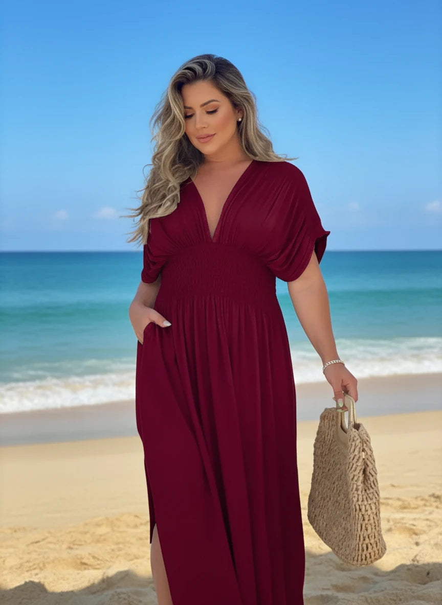 Daverri Fashions plus size deep v-neck maroon maxi dress with pleats and slit