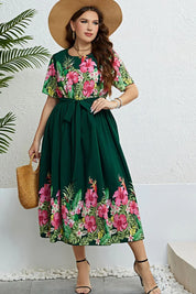 Green Honey Floral Tie-Waist Plus Size Short Sleeve Dress