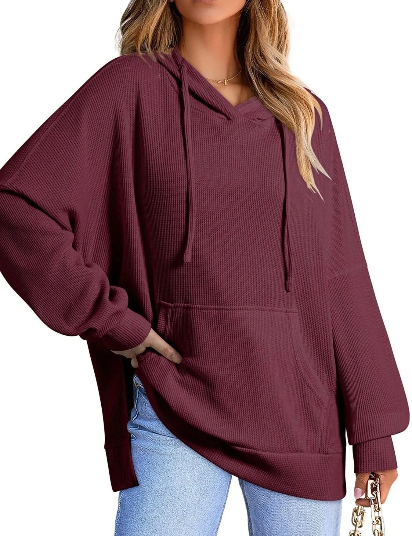 Slit Drawstring Waffle Knit Hoodie | Hoodies Daverri Fashions