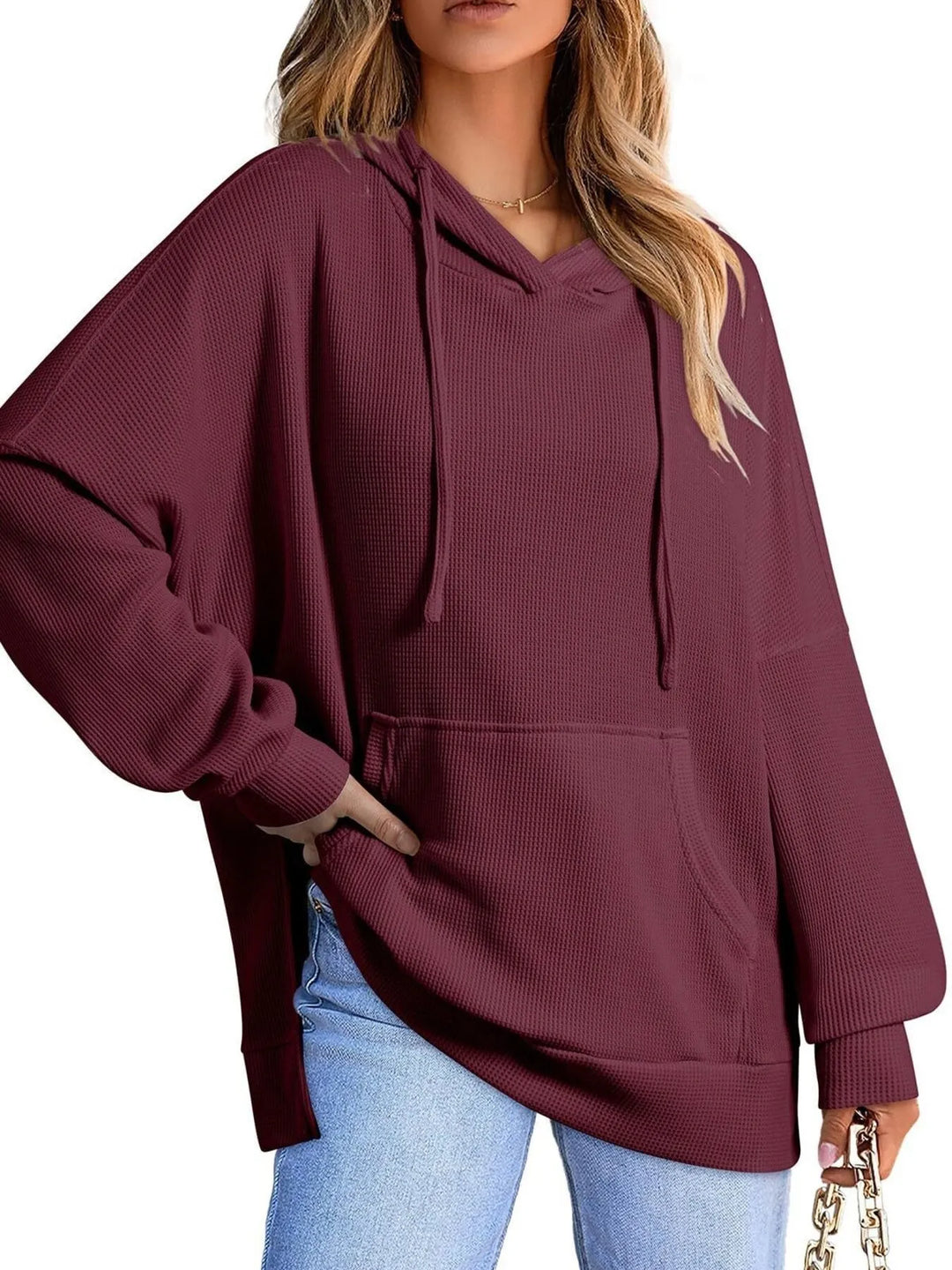 Slit Drawstring Waffle Knit Hoodie | Hoodies Daverri Fashions