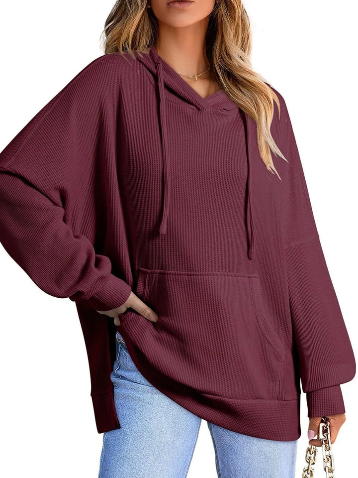 Slit Drawstring Waffle Knit Hoodie | Hoodies Daverri Fashions
