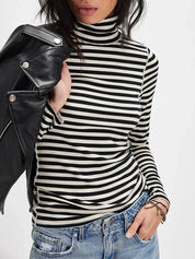 Black white Exposed Seam Striped Turtleneck Long Sleeve T-Shirt | Tops Daverri Fashions