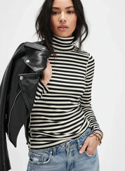 Daverri Fashions Exposed Seam Striped Turtleneck Long Sleeve T-Shirt - DAVERRI FASHIONS