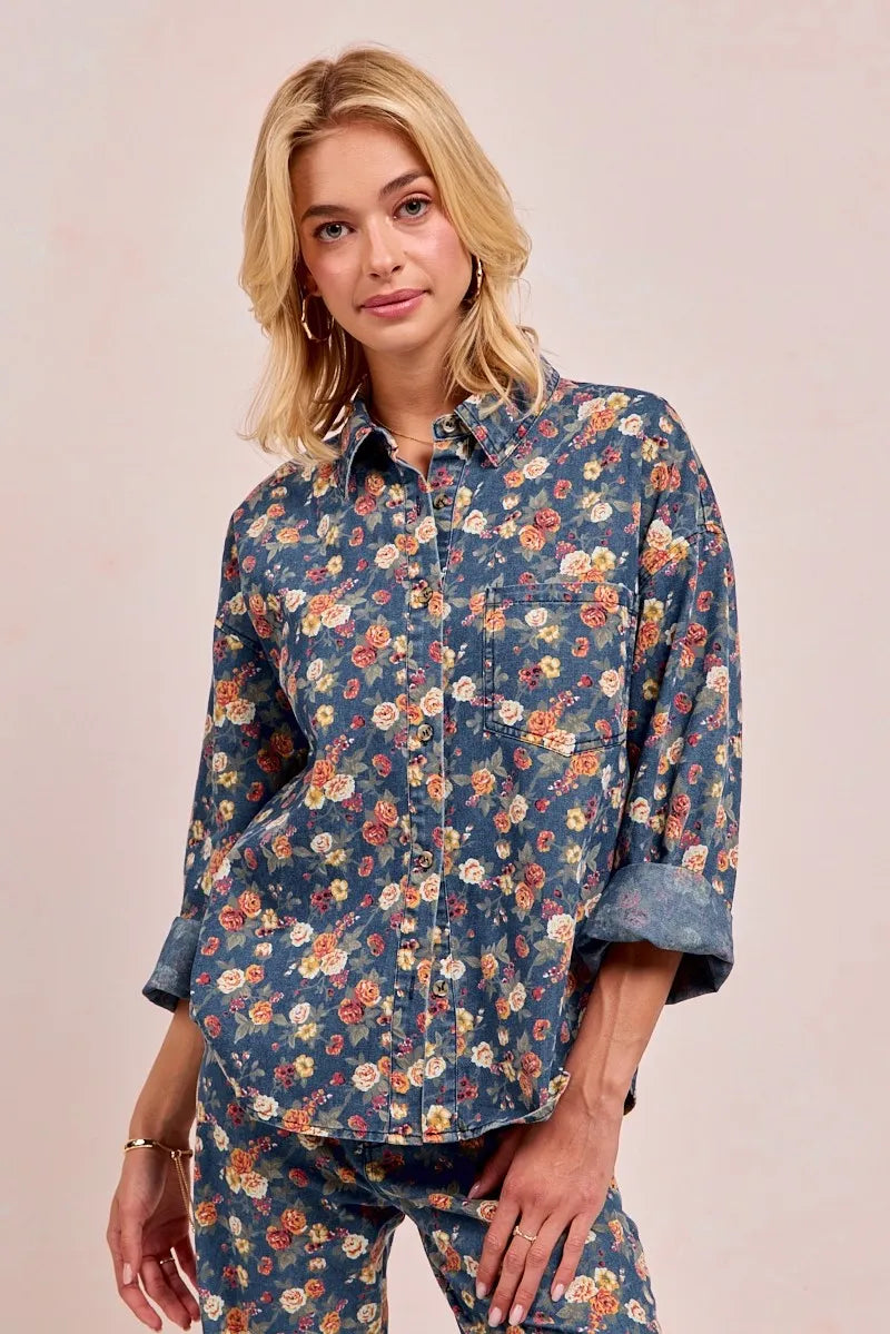 BiBi Washed Floral Print Denim Jacket Shackets