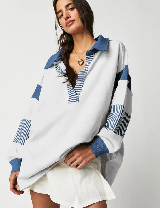 Daverri Fashions Color Block Johnny Collar Long Sleeve Sweatshirt - DAVERRI FASHIONS