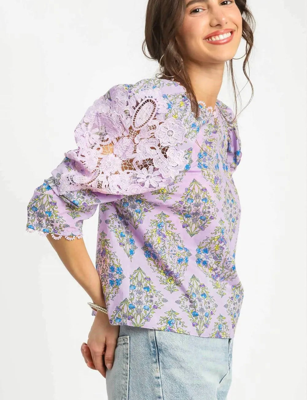 Umgee Printed Lace Puff Sleeve Blouse | Daverri Fashions
