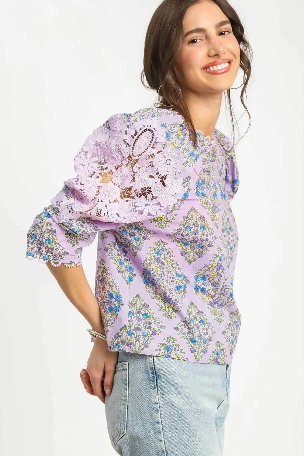Umgee Printed Lace Puff Sleeve Blouse | Daverri Fashions