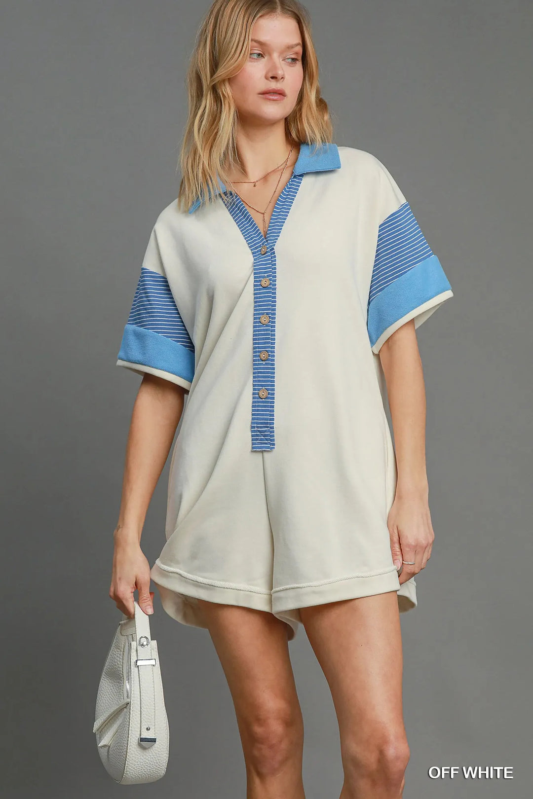 Umgee French Terry Collared Colorblock Romper OFF WHITE Rompers