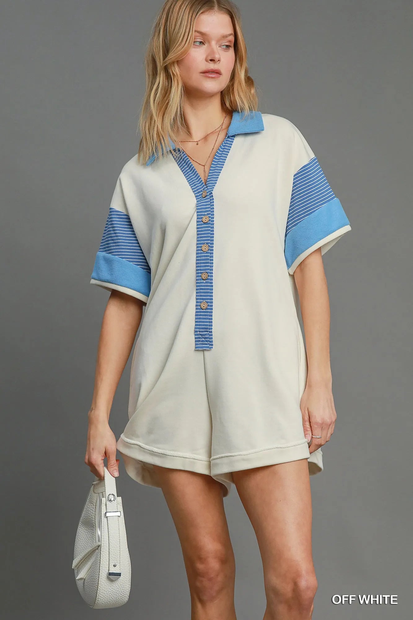 Umgee French Terry Collared Colorblock Romper OFF WHITE Rompers