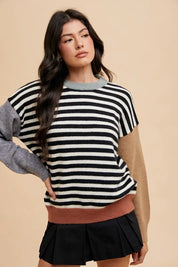 Annie Wear Striped Color Block Round Neck Sweater | Sweaters Daverri Fashions