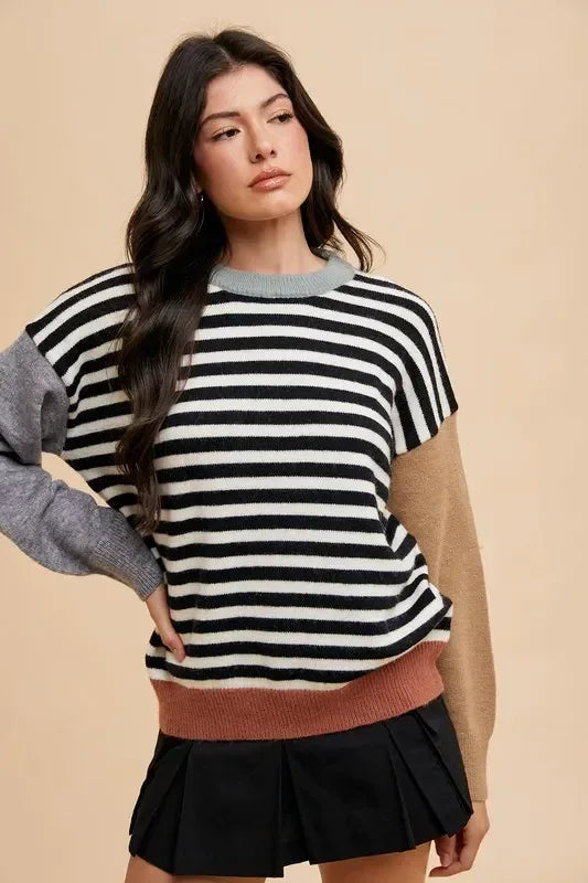 Annie Wear Striped Color Block Round Neck Sweater - DAVERRI FASHIONS