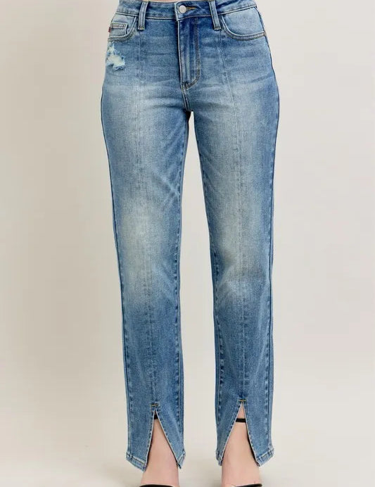 Judy Blue Full Size High Waist Vintage Wash Front Seam & Slit Straight Plus Size | Daverri Fashions