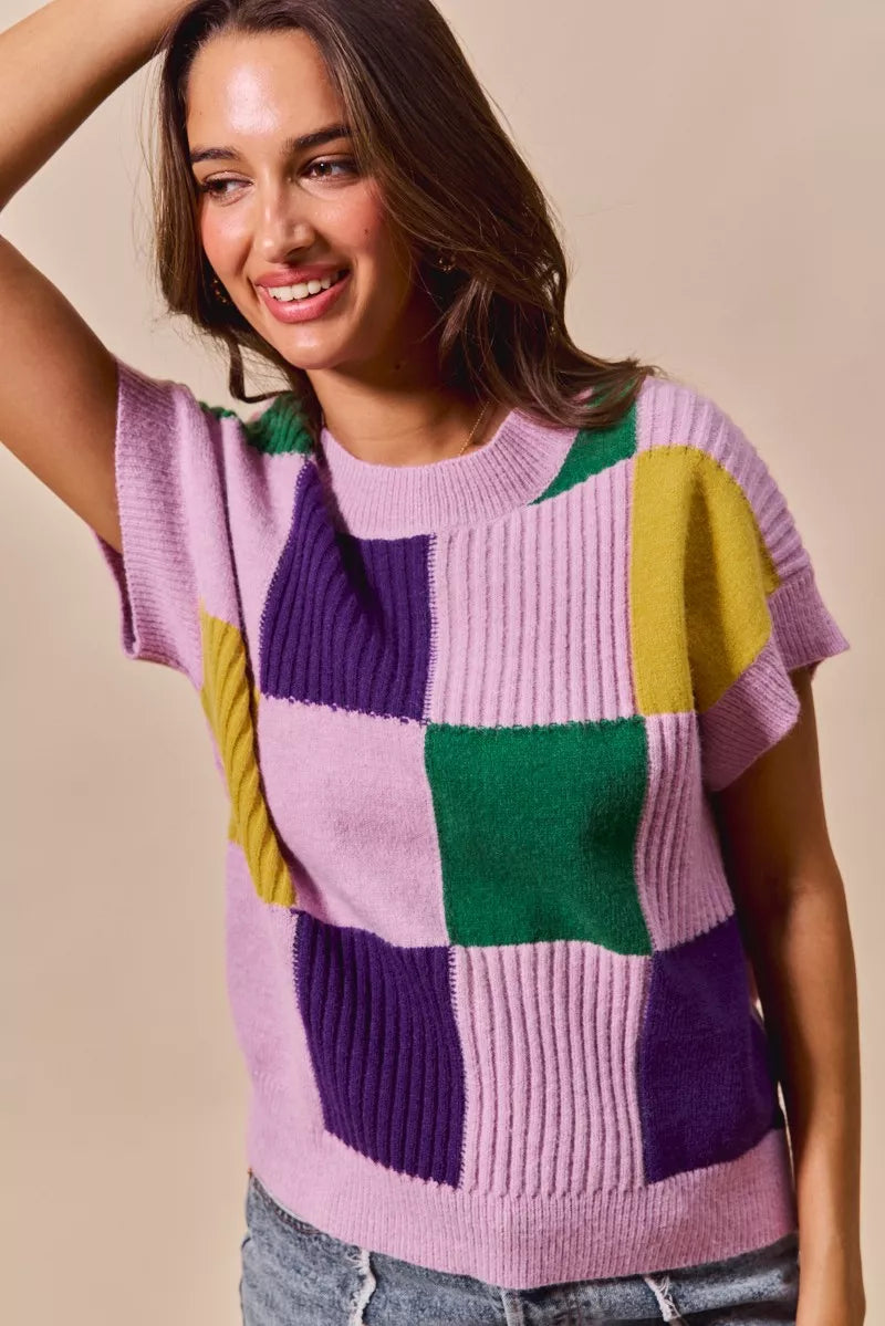 SO ME Mardi Gras Check Plaid casual sweater top in vibrant patchwork knit