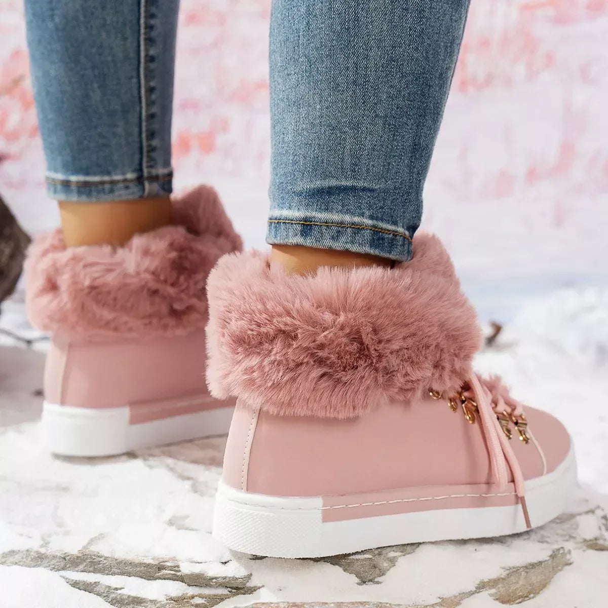 Fuzzy Trim Lace-Up Ankle Boots - DAVERRI FASHIONS