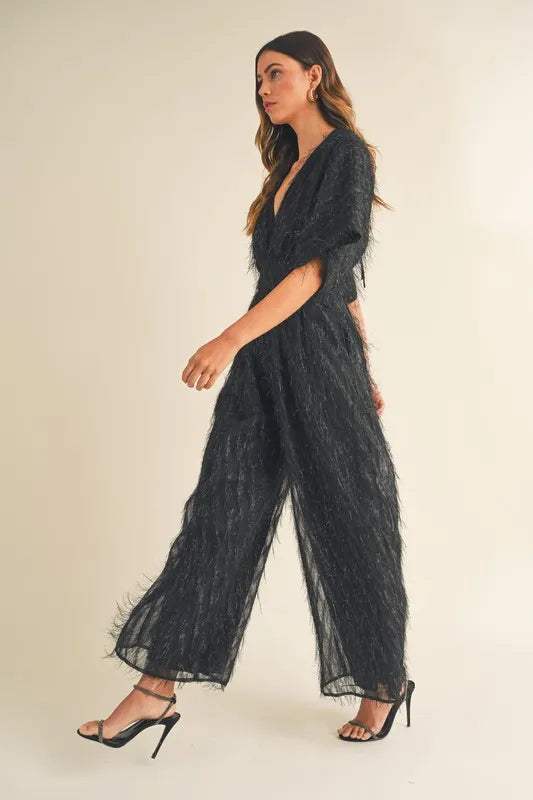 MABLE Fluffy Deep V Neck Wide Leg Jumpsuit Jumpsuits