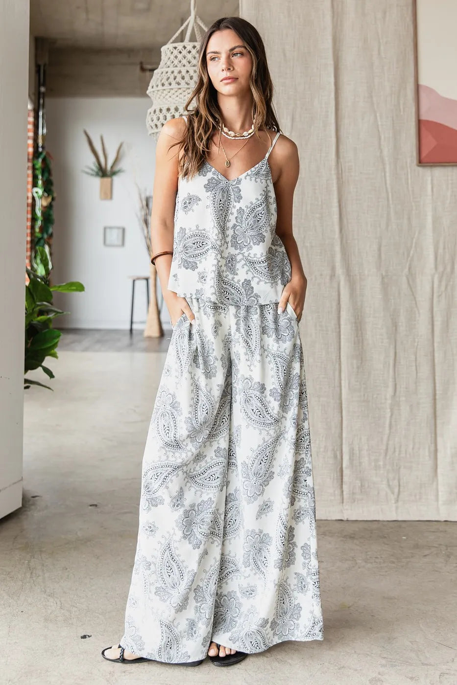 White and gray paisley print Mittoshop cami and pants loungewear set