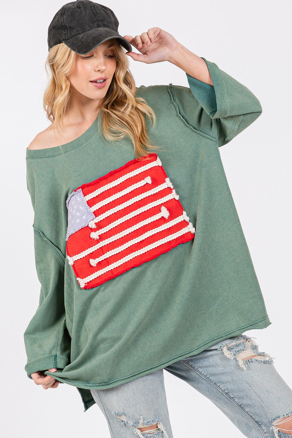 SAGE + FIG Full Size American Flag Patch Drop Shoulder T-Shirt T-Shirts