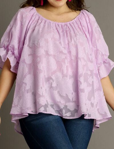 Umgee Full Size Jacquard Round Neck Ruffled Puff Sleeve Blouse Plus Size Tops