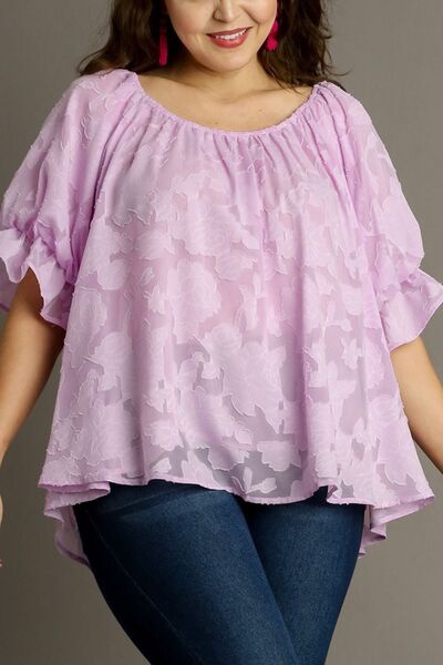 Umgee Full Size Jacquard Round Neck Ruffled Puff Sleeve Blouse Plus Size Tops