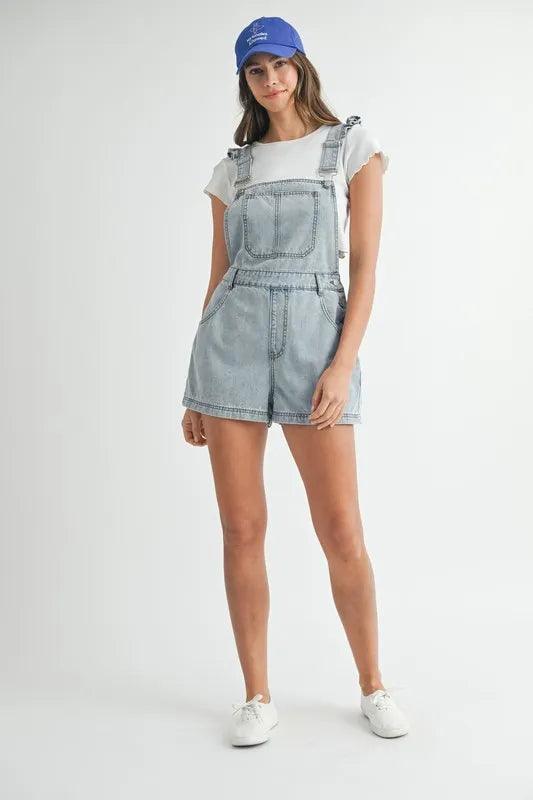 MABLE Square Neck Ruffle Shoulder Denim Overall Romper Shortalls