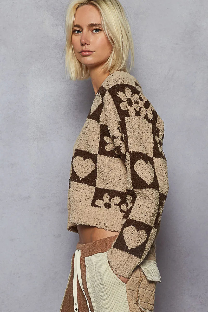 POL V-Neck Heart Pattern Checkered Sweater | Sweaters Daverri Fashions