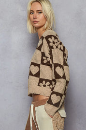POL V-Neck Heart Pattern Checkered Sweater | Sweaters Daverri Fashions
