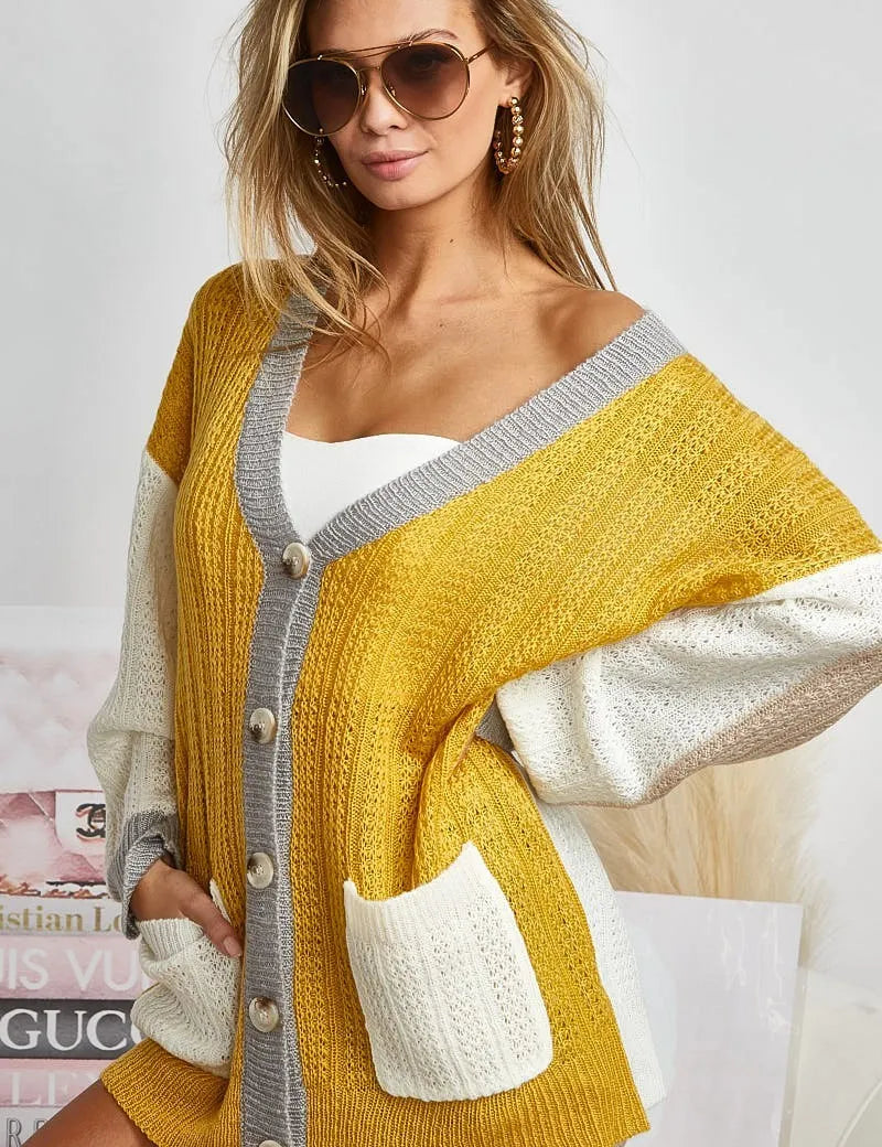 MUSTARD IVORY BiBi Color Block Sweater Cardigan with Button Closure | Sweaters Daverri Fashions