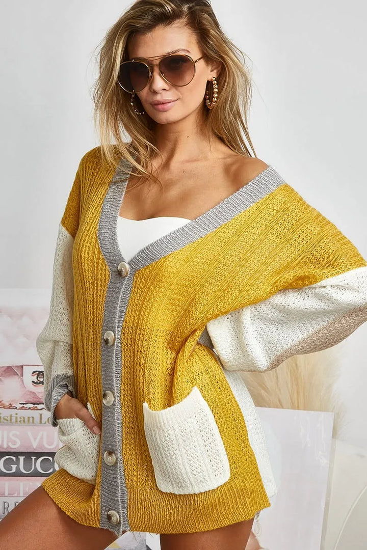 BiBi Color Block Sweater Cardigan with Button Closure MUSTARD IVORY Cardigans
