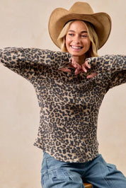 BiBi Leopard Print Washed Waffle Thermal Top with Thumb | Knit Tops Daverri Fashions